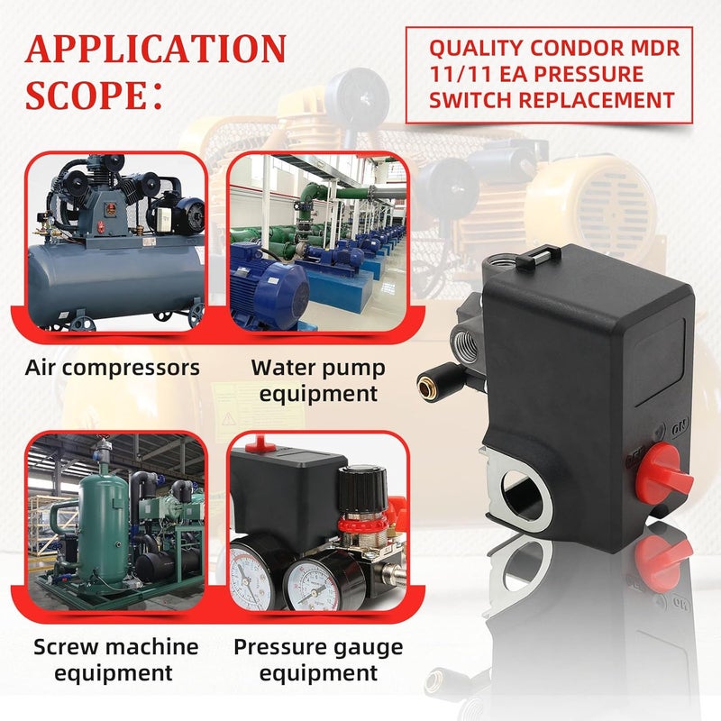 Upgraded Pressure Switch Replace for Condor MDR 11/11 EA, 26 AMPS 120/240 Volts 120-155 PSI